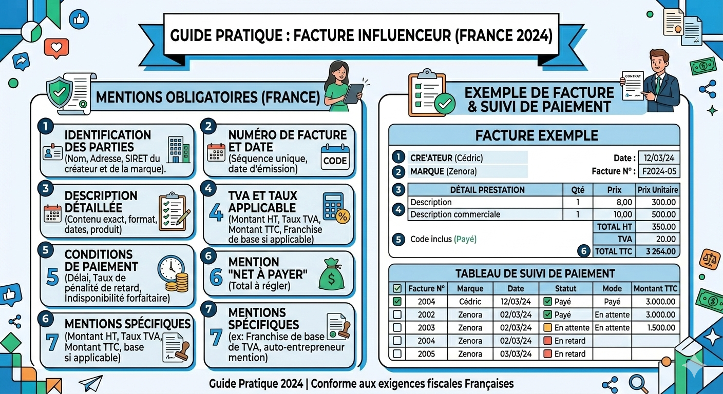 Facture influenceur : mentions obligatoires + exemple (France) + suivi de paiement