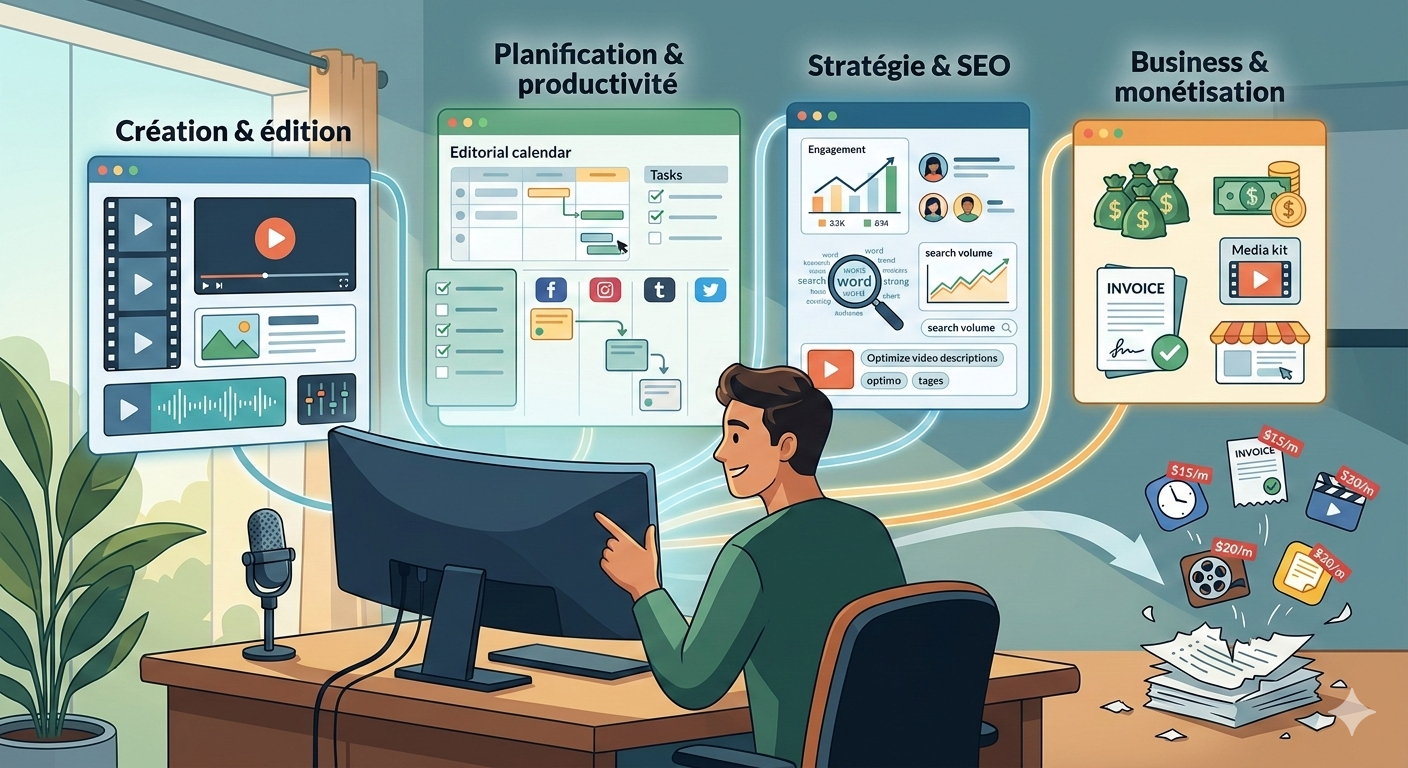 Outils pour créateurs de contenu en 2026 : création, planification, SEO & monétisation (sans 5 abonnements)
