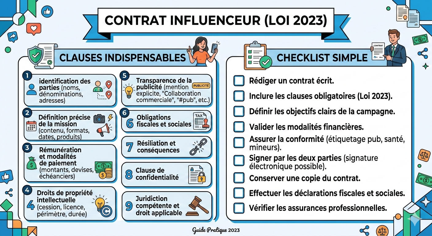 Contrat influenceur (Loi 2023) : clauses indispensables + checklist simple